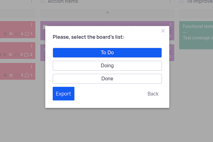 Selection of Trello column during export on EasyRetro