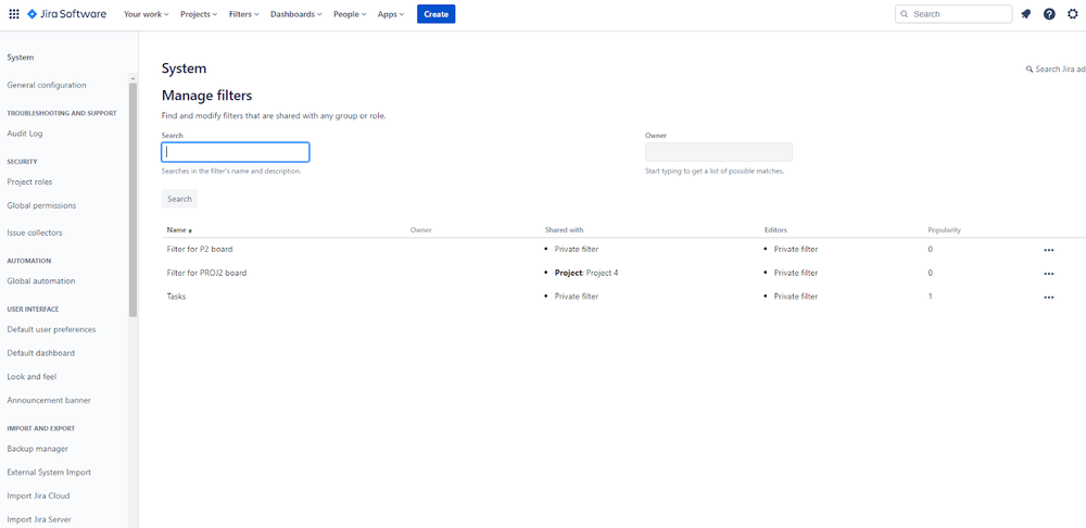 Jira Software screenshot showing how to change filter ownership