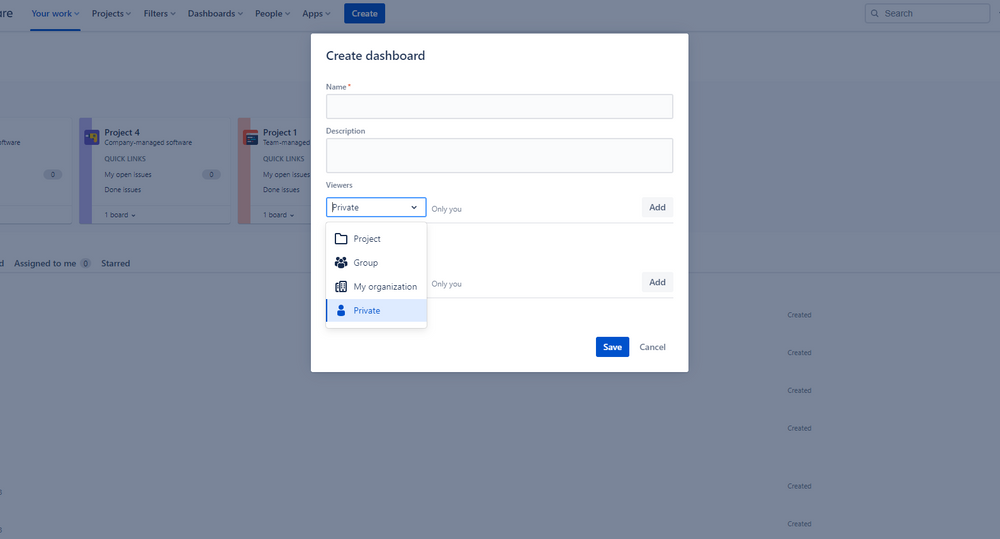 Jira Screenshot showing how to create a dashboard