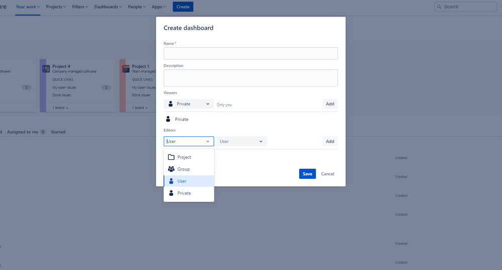 Jira Screenshot showing how to create a dashboard