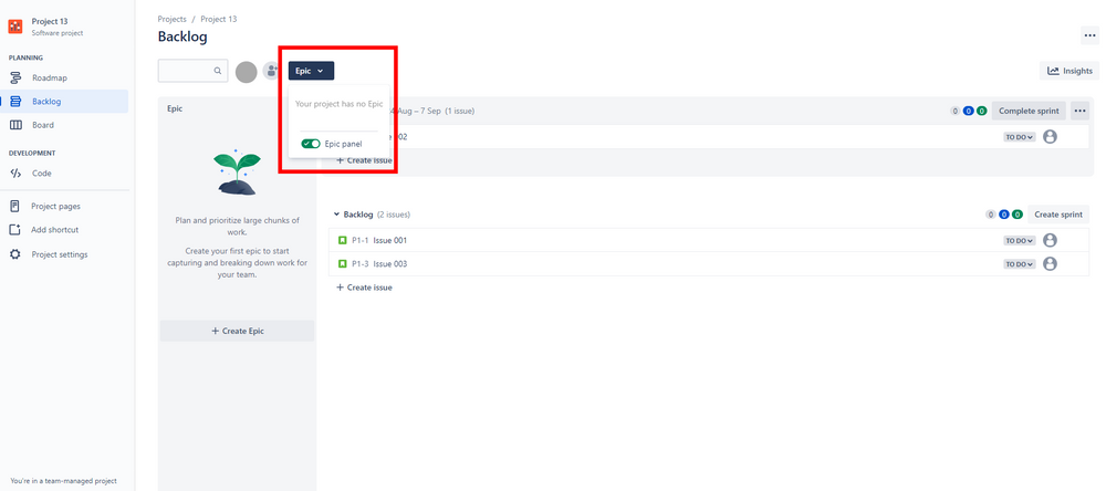 Jira Screenshot showing how to create an epic in backlog panel