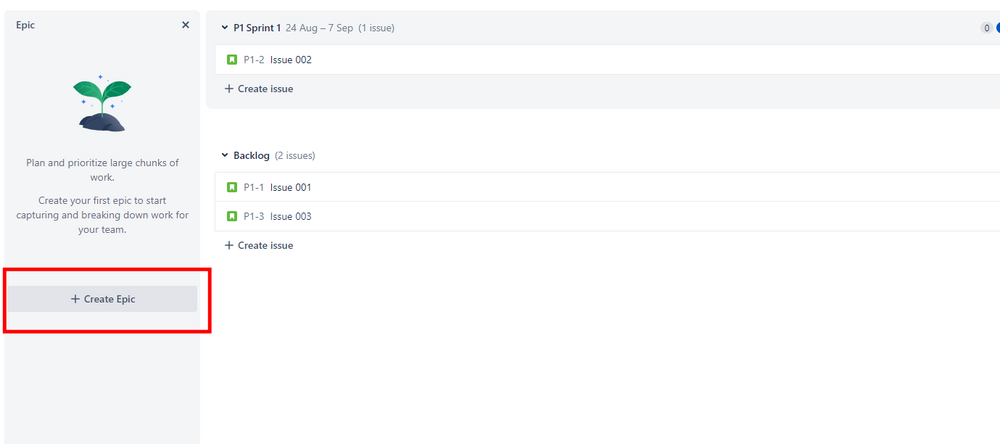 Jira Screenshot showing how to create an epic in backlog panel