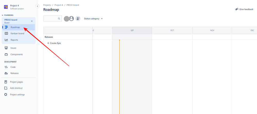 Jira Screenshot showing how to create an epic on roadmap