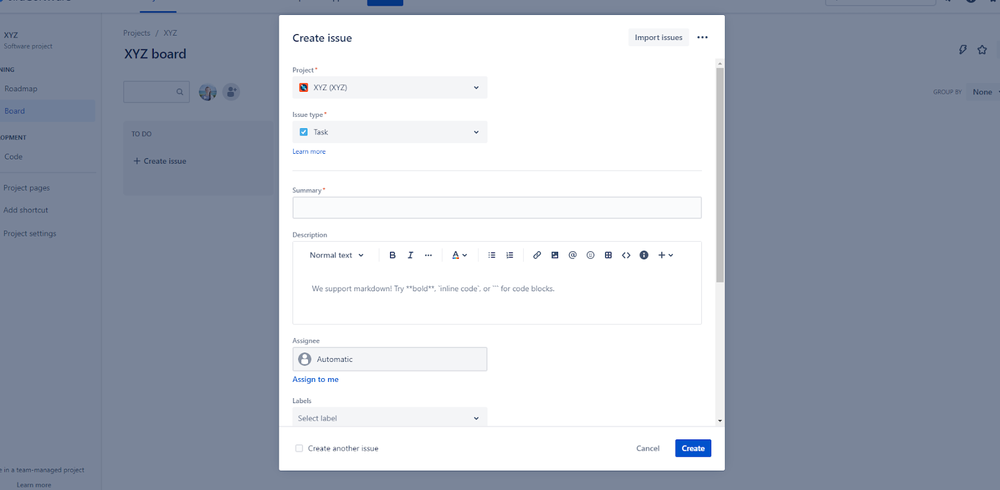 Jira Software screenshot showing how to fill issue data.