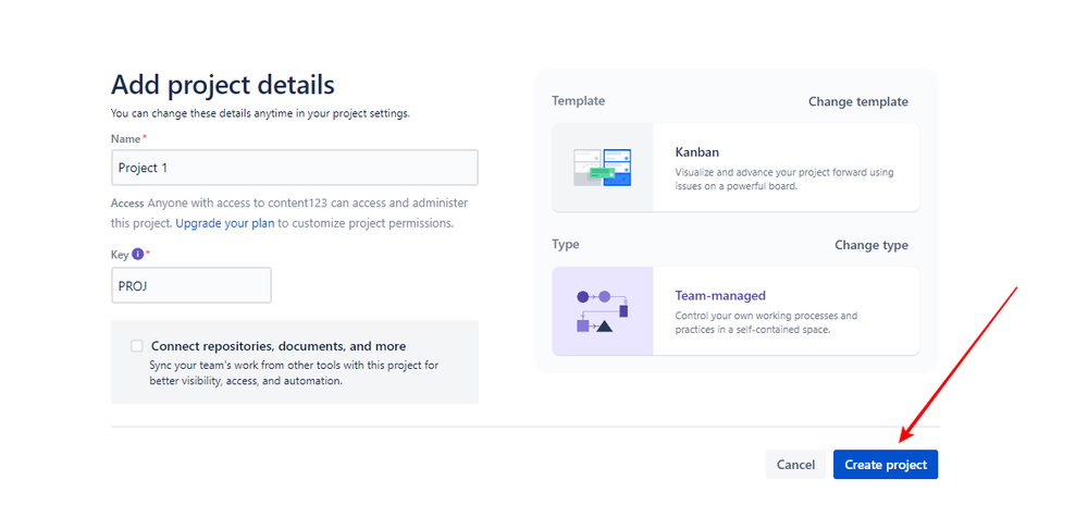 Jira Software screenshot showing the Create project button