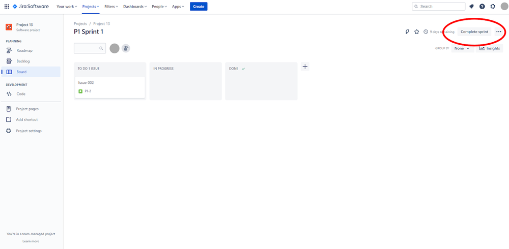 Jira Software screenshot showing the Complete Sprint button.